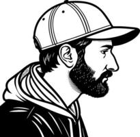 Detailed Profile of a Man with Beard Wearing Cap and Hoodie for Graphic Design Projects vector