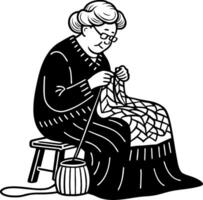 Elderly Woman Knitting Traditional Craft Cozy Handmade Blanket Design vector