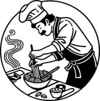 Chef Cooking Noodles in a Bowl with Steam Rising in a Kitchen Illustration vector