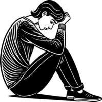 Sad Youth Character Sitting with Head Down in Contemplation for Emotional Expression Art vector