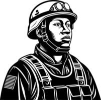 Detailed Black and White of a Soldier with Helmet and Tactical Gear vector