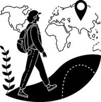 Adventurous Hiker Walking on a Path with World Map and Location Pin for Travel and Exploration vector