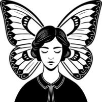Woman with Butterfly Wings in Black and White Artistic Illustration for Tattoo and Design vector