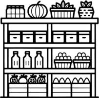 Hand-Drawn Grocery Shelf with Fruits Vegetables Jars and Bottles for Coloring or Craft Projects vector