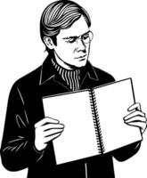 Thoughtful Man Reading Notebook Engaged in Introspection Reflection Art for Tattoo and Illustrations vector