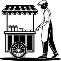 Street Vendor Pushing Food Cart with Canisters for Snacks and Drinks in Urban Setting vector