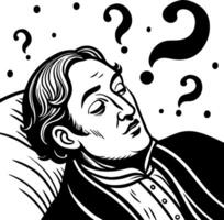 Curious Man Contemplating Questions with Surreal Thoughts Floating Above His Head vector