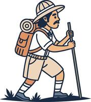 Adventurous Hiker with Backpack and Walking Stick Exploring Nature Trails vector