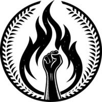 Empowered Fist Surrounded by Flames and Laurel Wreath Symbolizing Strength and Rebellion vector