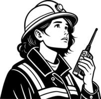 Female Firefighter Communicating with Walkie Talkie in Protective Gear vector