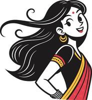 Stylish Indian Woman in Traditional Saree with Long Flowing Hair and Joyful Expression vector