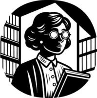 Stylish Female Librarian Holding Book Surrounded by Bookshelves in a Minimalist Design vector