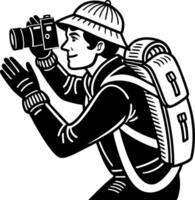 Adventurous grapher Capturing Nature with Vintage Camera and Backpack vector
