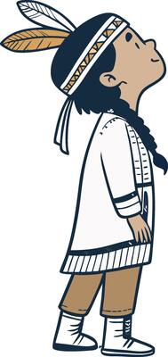 Native American Boy in Traditional Attire with Feathers Looking Upward Illustration