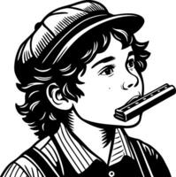 Boy Playing Harmonica with Vintage Style Hat Illustration for Creative Projects vector