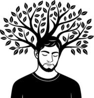 Man Meditating with Tree Branches and Leaves Growing from Head Symbolizing Growth and Mindfulness vector
