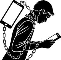 Digital Addiction Concept Art of Man Chained to Smartphone Representing Unplugging and Freedom vector