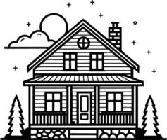 Charming Cozy House Surrounded by Pine Trees under a Starry Sky Ideal for Coloring and Crafts vector