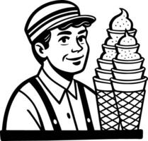 Vintage Ice Cream Vendor Smiling with Ice Cream Cones Stack for Retro Design Projects vector