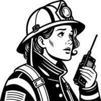 Brave Female Firefighter Communicating with Radio in Professional Gear vector
