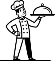 Chef Holding Platter Cartoon Style Cook Culinary Artwork for Menu Design and Prints vector