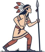 Native American Warrior Character with Spear in Dynamic Pose for Illustrations and Designs vector
