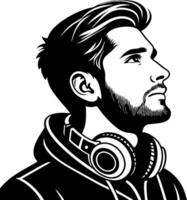 Stylized Portrait of a Young Man with Headphones in Profile for Creative Projects vector
