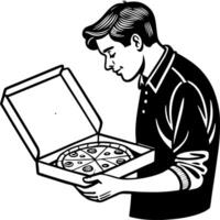 Happy Young Man Excitedly Opening Pizza Box Filled with Delicious Slices vector