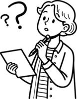Curious Person Thinking with Pen and Paper Surrounded by Question Marks for Creative Projects vector