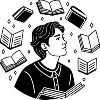 Thoughtful Young Man Surrounded by Floating Books Concept for Learning and Imagination vector