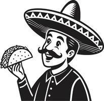 Charming Cartoon Man with Mustache Wearing Sombrero Holding Tasty Taco vector