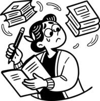 Student Overwhelmed by Books with Pencil in Hand Representing Stress and Study vector