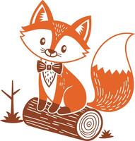 Playful Cartoon Fox Sitting on Log with Bowtie Ideal for Childrens Decor and Coloring Books vector
