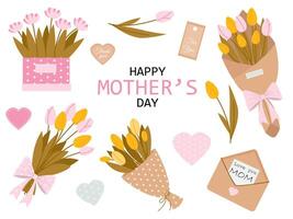 festive set of elements for Mother's Day with bouquets, envelope, hearts vector