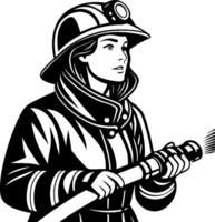 Brave Female Firefighter Holding Fire Hose Illustration for Graphic Design and Tattoos vector
