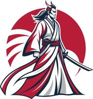 Powerful Samurai Warrior in Traditional Attire with Katana against Red Circle Background vector