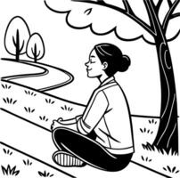 Serene Woman Meditating in Nature with Trees and Pathway for Relaxation and Mindfulness Artwork vector
