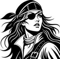 Bold Pirate Woman Portrait with Bandana Eye Patch and Flowing Hair for Tattoo and Design vector