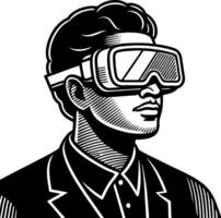 Stylish Man Wearing Virtual Reality Goggles in Retro Illustration Style for Technology Themes vector