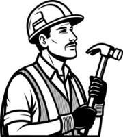 Skilled Construction Worker Holding Hammer in Safety Gear for Project Symbols and Workshop Designs vector