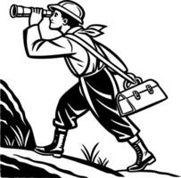 Adventurous Explorer Climbing Mountain with Telescope and Satchel for Travel Design vector