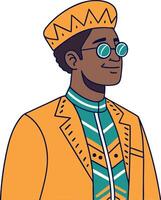Stylish African Man in Colorful Traditional Attire with Hat and Glasses Illustration vector