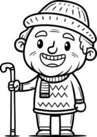 Cheerful Grandfather Character with Walking Cane Cozy Sweater and Beanie for Coloring and Design vector