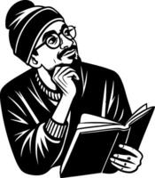 Thoughtful Young Man Reading Book in Cozy Sweater and Beanie Design for Creative Projects vector