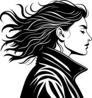 Profile Silhouette of a Woman with Flowing Hair in a Stylish Jacket for Modern Designs vector