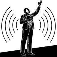 Dynamic Speaker Raising Hand with Sound Waves Illustrating Communication and Motivation vector
