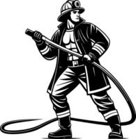 Heroic Firefighter Ready with Hose in Dynamic Pose for Emergency Response Illustrations vector