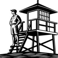 Lifeguard on Duty Standing Watch at Beach Lifeguard Tower Illustration for Coastal Safety Themes vector