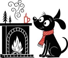 Cozy Black Dog by the Fireplace with Hot Drink and Decorative Trees for Winter Holiday Decor vector