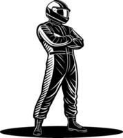 Confident Racing Driver in Suit and Helmet Standing with Arms Crossed Illustration vector